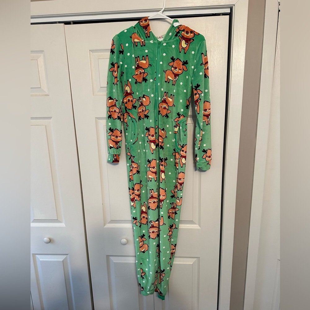 COPY - Weekend edition onsie pajama with hood and pockets. Women’s size medium.